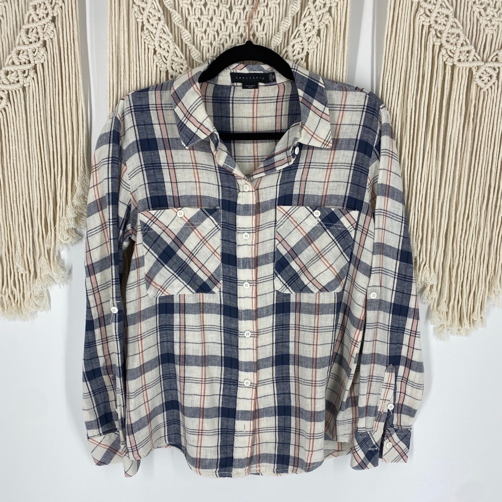 Sanctuary Gray Plaid flannel Boyfriend Shirt Collared Button Down Long Sleeve XS - Picture 1 of 5